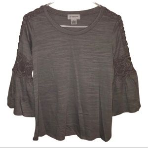 Liz Claiborne Crocheted 3/4 Draped Sleeves Grey Blouse